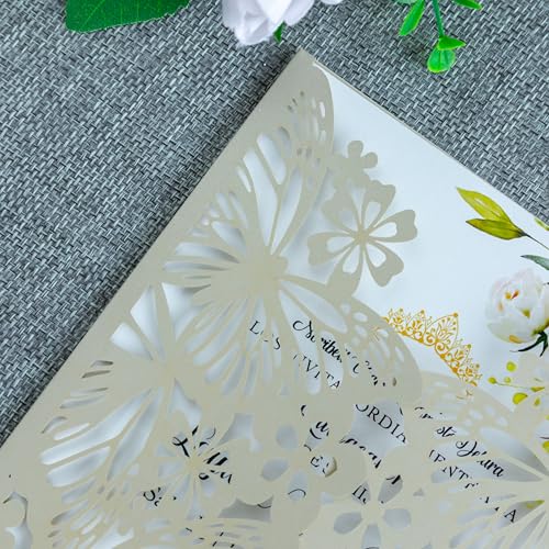 20 PCS Butterfly Quinceanera Invitation, Laser Cut Invitation Cards | 5.12x7.2" Champage Butterfly Quinceanera Invitation with Envelopes for XV Anos Bridal Shower Baby Shower Invite - color: Shinny Champagne