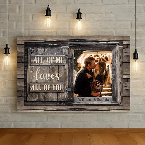 KiKiLuna Personalized “All Of Me Loves All Of You” Framed Canvas Wall Art | Custom Photo & Names Rustic Wood Couple Decor, Ready to Hang Wedding Anniversary Valentine’s Day Gift - color: Style6