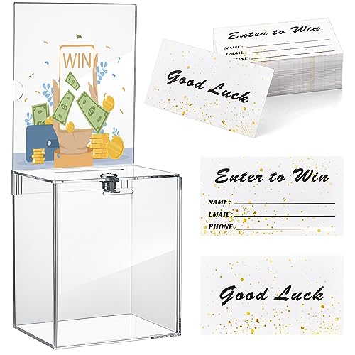 Teling 101 Pcs Tall Acrylic Donation Box with Lock and Sign Plate 7 x 5 x 8 Inches Safe Suggestion Box with Raffle Tickets Cards for Raffle, Money, Voting, Charity, Suggestion (Clear) - color: Clear, size: 7 x 5 x 8 Inch