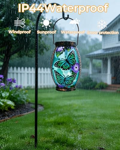 Hanging Solar Lantern Waterproof Garden Light Butterfly | Glass & Metal, Tabletop Light with Hollowed-Out Design for Garden Patio Table Decor, Gifts for Friends and Family - style: Butterfly-Glass