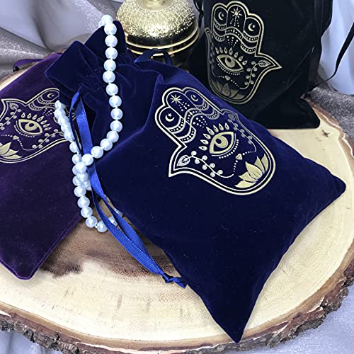 ARTSY CRAFTS 6x9" Hamsa Hand Velvet Jewelry Pouch Gift Bags, Fatima Hand Evil Eye Velvet Drawstring Oracle Tarot Card Rune bags Dice Bag (2pk Royal Blue) - color: 2pk Royal Blue