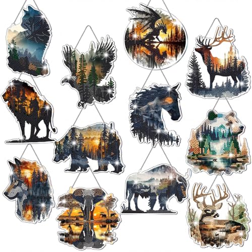 Cinnvoice Seasonal Diamond Art Hanging Kit,12 Pcs,Forest Animals | Eagle, Elk, Wolf, Lion, Bear Holiday Diamond Art Ornaments, Month Hanging Sign,Crystal Suncatcher, for Door Window Wall - style: Forest Animals
