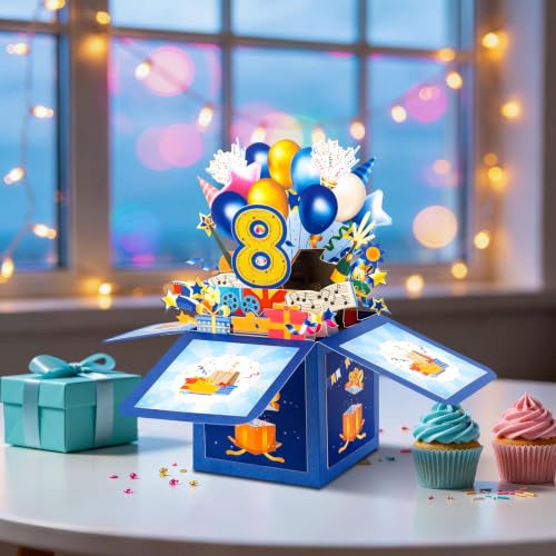 GREETING ART 8th Birthday Pop Up Card for Girl Boy,8 Year Old Birthday Card - color: 8th