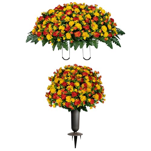 Sympathy Silks Artificial Cemetery Flowers - Gravesite Memorial Arrangment - Sunset Orange Garden Mums - (1) Saddle (1) Bouquet (1) Vase - color: Sunset Orange, size: (1) Saddle (1) Bouquet (1) Vase