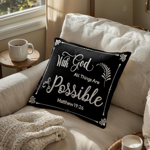with God All Things are Possible Religious Scripture Black Bible Verses Everything is Possible with God Bibical Throw Pillow Covers 18x18 inch Inspirational Gifts，Christian Gifts - color: 04 Christian