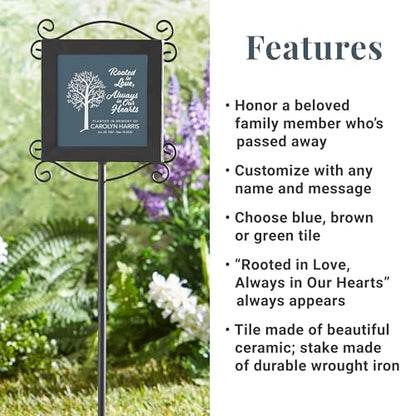 Let's Make Memories Personalized Memorial Garden Stake - Rooted in Love - Sympathy - Blue Tile - color: Rooted in Love - Blue