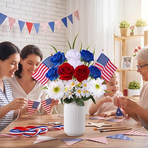 Sggvecsy 2 Pcs Patriotic Artificial Flowers Memorial Bouquet Fake Red Blue Cemetery Flowers with American Flags Roses Daisy for Grave 4th of July Memorial Day Independence Day Veterans Decoration