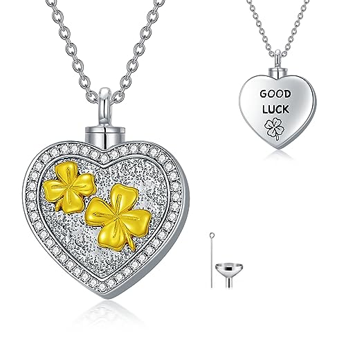 Cremation Jewelry for Ashes 925 Sterling Silver Sunflower/Rose/Cross/Paw Print/Crystal/Swan/Hamsa Hand/Koala/Clover/Bar Urn Necklace for Human Pet Ashes Keepsake Memorial Jewelry Gifts for Women Girls - color: 13-Clover Heart Urn