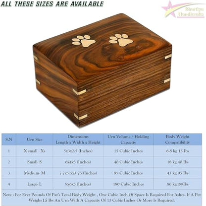 Handcrafted Indian Rosewood Pet Urn with Brass Paw Prints | Decorative Wooden Memorial Box for Dog & Cat Ashes (Medium-95 LB) - size: Medium