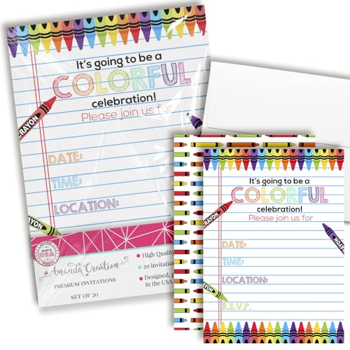 Amanda Creation Colorful Rainbow Crayons themed Birthday Party Fill in Invitations, set of twenty, includes envelopes - style: Rainbow Crayons