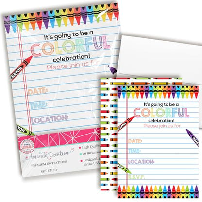 Amanda Creation Colorful Rainbow Crayons themed Birthday Party Fill in Invitations, set of twenty, includes envelopes - style: Rainbow Crayons