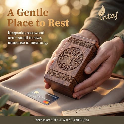 Wooden Cremation Urn for Human Ashes, 20 Cu in, Keepsake, Rosewood | Hand-carved solid sheesham rosewood, screw-locked sliding base, engraving available, holds a small share of ashes, to 20 lb - color: Rosewood, size: Keepsake - 3.50Hx2.00W (6.50 Cu/In)