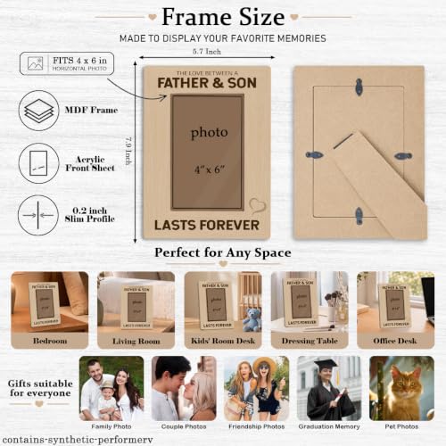 Father and Son Picture Frame Holds 4 x 6 Photo, Rustic Wooden Tabletop Keepsake with Lasts Forever Message, First Father’s Day Meaningful Gift - color: Father01