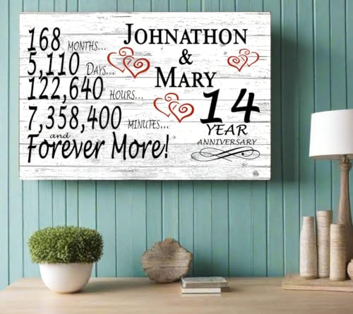 Personalized 14 Year Anniversary Sign Gift 14th Wedding Anniversary Present For Couple Days Minutes Years - Solid Wood - 16.5in x 10.5in x .75in (14 Year) - color: 14 Year