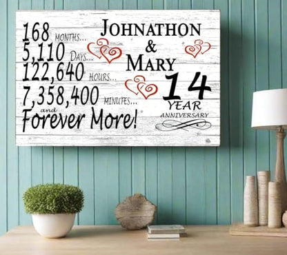 Personalized 14 Year Anniversary Sign Gift 14th Wedding Anniversary Present For Couple Days Minutes Years - Solid Wood - 16.5in x 10.5in x .75in (14 Year) - color: 14 Year