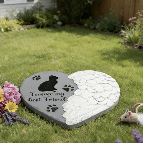 Landoraloria Cat Memorial Stone 10” Heart with Wings Outdoor Pet Grave Marker Cement Garden Remembrance Stone Sympathy Gift for Loss of Cat Angel Paw Design