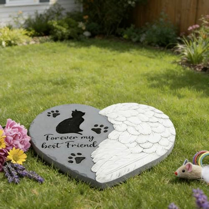 Landoraloria Cat Memorial Stone 10” Heart with Wings Outdoor Pet Grave Marker Cement Garden Remembrance Stone Sympathy Gift for Loss of Cat Angel Paw Design
