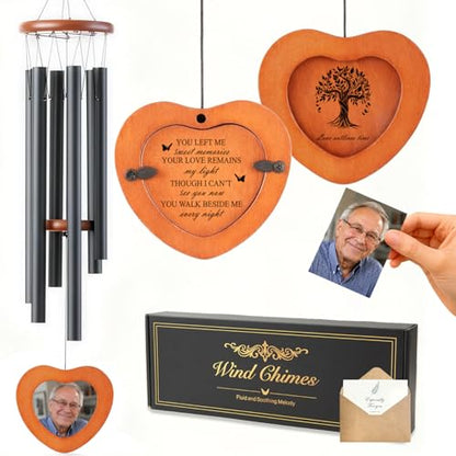 32 Inch Personalized Memorial Wind Chimes with Photo Frame | Double-Sided Poem & Design; Custom Photo Frame; Handwritten Memorial Card; Deep Tone; Indoor/Outdoor Keepsake