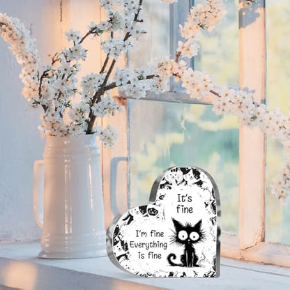 Cat Lover Gifts for Women Girls Cat Funny Office Acrylic Heart It’s Fun Everything Fun Gifts for Friends Coworkers Teacher Boss Desk Nursery Office Sign Plaque Paperweight - style: Everything is fine