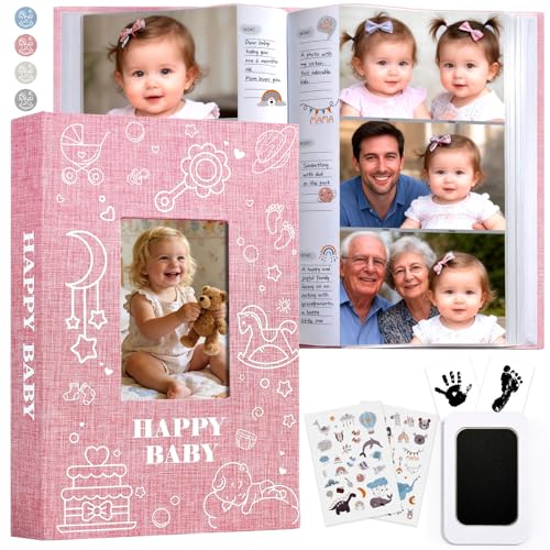 Baby Photo Album 4x6 300 Pockets with Memo Area, Photo Stickers & Hand and Footprint Kit, Linen Cover Baby Memory Book with Front Window, First Year Keepsake for Newborn Boy Girl - color: Pink