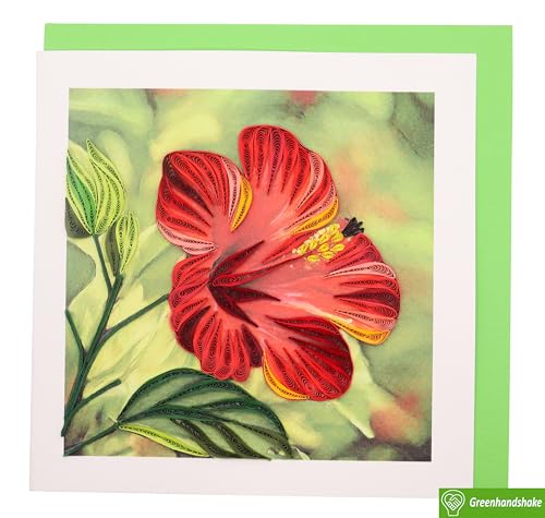 GREENHANDSHAKE Hibiscus Flower, quilling art greeting card for birthday, valentine's day, mother's day, anniversary, thank you, get well, 6" x 6" - style: Hibiscus Flower