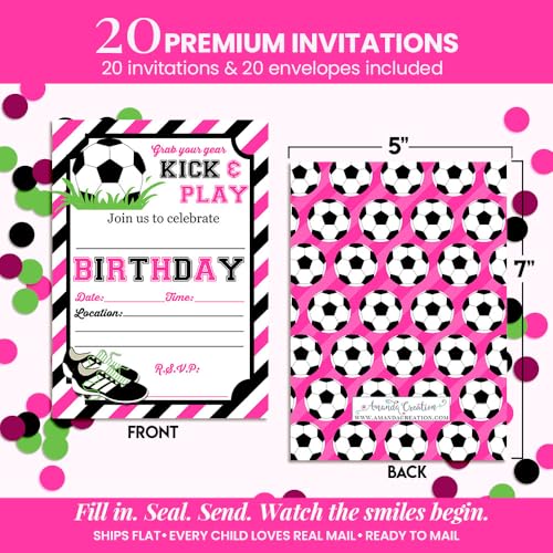 Pink & Black Kick and Play Soccer Themed Birthday Party Invitations for Girls, 20 5x7 Fill In Cards with Twenty White Envelopes by AmandaCreation - style: Pink & Black Kick and Play Soccer