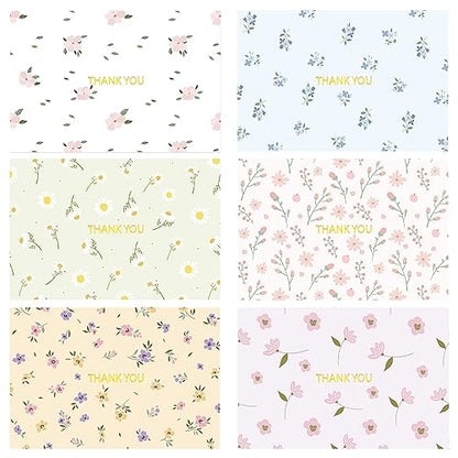 Crisky 50 Pack Floral Thank You Cards with Envelopes & Stickers for Birthday, Baby Shower,Bridal Shower, Wedding, Graduation, Business. 6 Assorted Full Version of Gold Stamping Wild Flower Design