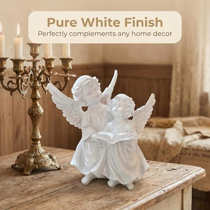 Pair of Angel Cherubs Reading Book, Resin Home Garden Decor - color: Angels