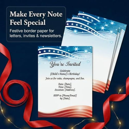 PaperDirect Patriotic Celebration Border Paper, Festive Stars and Banner Design in Red, White and Blue, 8.5 x 11, Acid-Free, Stationery for Invitations, Crafts, Cards, 25 Sheets - color: Patriotic Celebration