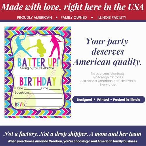 Amanda Creation Batter Up Softball Themed Birthday Party Invitations, 20 5x7 Fill-In Cards with Twenty White Envelopes - style: Batter Up Softball