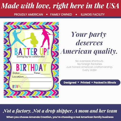 Amanda Creation Batter Up Softball Themed Birthday Party Invitations, 20 5x7 Fill-In Cards with Twenty White Envelopes - style: Batter Up Softball