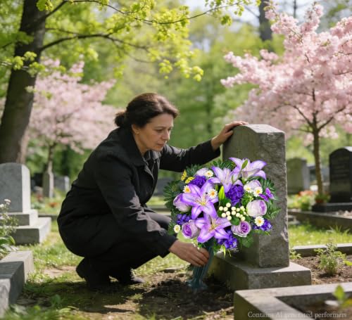 Artificial Cemetery Flowers – Vibrant Rose Carnation, Outdoor Grave Decorations - 1 Purple Gravesite Bouquet with Vase