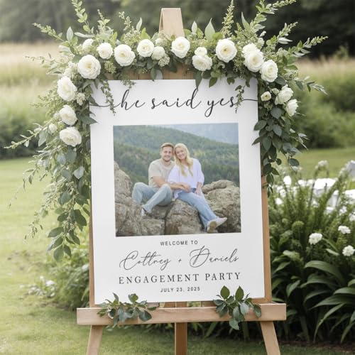 Personalized Engagement Party Welcome Sign with Personalized Photo | Custom Couple Names & Date | Simple White Engagement Backdrop | Waterproof PVC Celebration Board - color: Design 15