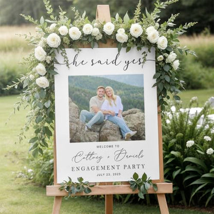 Personalized Engagement Party Welcome Sign with Personalized Photo | Custom Couple Names & Date | Simple White Engagement Backdrop | Waterproof PVC Celebration Board - color: Design 15
