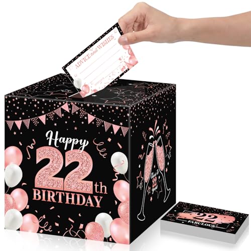 Funrous 22nd Birthday Party Message Card Box Cheers to 22 Years Black Rose Gold Advice and Wishes Greeting Card Box for Men Women Birthday Decorations Party Supplies Anniversary Tables Sign Decor - color: Rose Gold, style: 22th Birthday