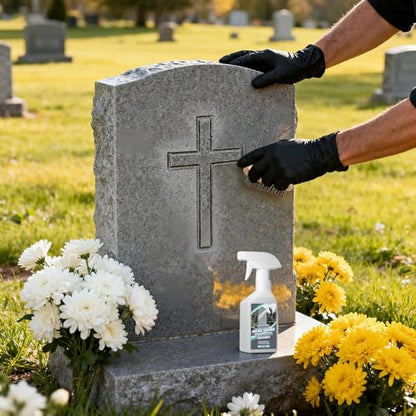 9 PCS Headstone Cleaner Gravestone Cleaning Kit for Granite and Stone Daily Cleaner Includes Brush, Dust Brush, Crevice Brushes, Gloves, Scraper, Sponge, Cloth, Headston Cleaning Solution, Storage Bag