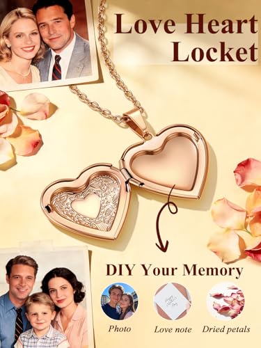 Custom4U Personalized Heart Locket Necklace with Pictures,Sunflower/Angel Wings/Heart Shaped Lockets Custom Photo,Gold/Rose Gold/White Lockets That Holds Picture,Customized Memorial Jewelry for Women - color: B-Heart-Rose Gold(Locket Only)