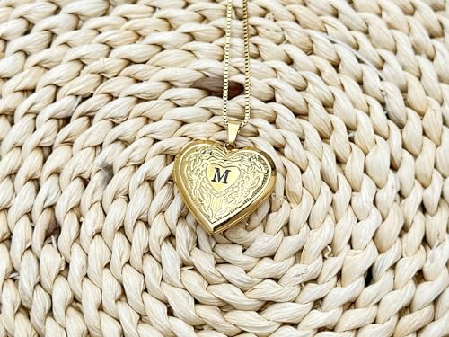 GOKING Love Heart Memory Locket Necklace Holds Pictures for Women - color: Letter M