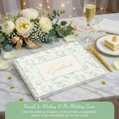 Green Floral Wedding Guest Book with Pen, Hardcover, 144 Pages, 9x7 inches | Gold Foil Title, Space for Polaroid Photos Messages, Sign In Book for Reception, Bridal Shower Guest Book, Engagement Party - color: Green