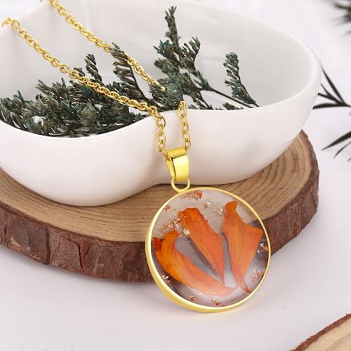 AUNTESIGN Forget-Me-Not and Queen Anne's Lace Pressed Wildflower Necklace | Birth Month Flowers Necklace | Gold/Silver Pressed Flower Jewelry | Mother's Day | Gift For Her - color: Marigold Necklace