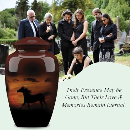 Forever URNS Adult Cremation Funeral Urn with Printed Black Horse in Evening Sunlight Theme for Human Ashes of Female & Male | 200 cu in | Large | Completely Handcrafted with Velvet Protection Bag