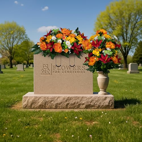 Sympathy Silks Artificial Flowers for Cemeteries - Gravesite Bouquet - Red Lily and Sunrise Peony - (1) Saddle (1) Bouquet - color: Red/Sunrise, size: (1) Headstone Saddle (1) Bouquet