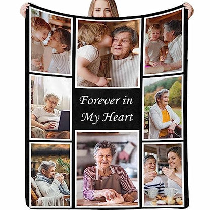 Custom Blanket with Photos Forever in My Heart 8 Photos Personalized Memorial Blankets, Throw Blanket for Family Lover Dad Mom Birthday Wedding Mother's Father's Day - color: 8 Photo Collage