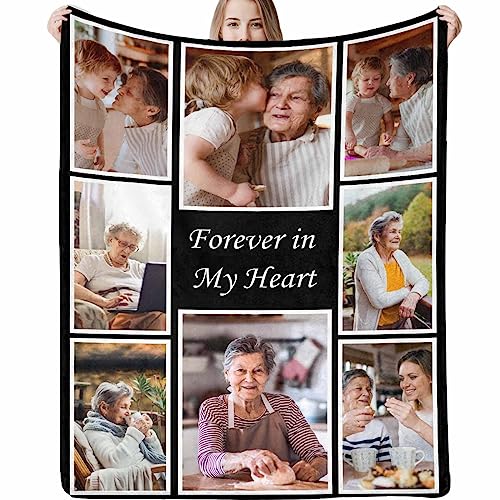 Custom Blanket with Photos Forever in My Heart 8 Photos Personalized Memorial Blankets, Throw Blanket for Family Lover Dad Mom Birthday Wedding Mother's Father's Day - color: 8 Photo Collage