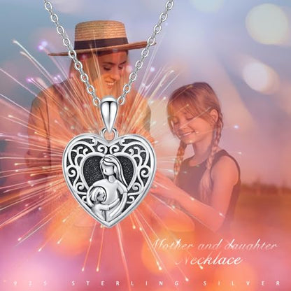 Heart Photo Locket Necklace Sterling Silver for Women | Dragonfly, Butterfly, Turtle, Dog Paw and Mother Daughter Styles, Jewelry Gifts for Mom Christmas Birthday Anniversary. - style: 6-Mother Daughter