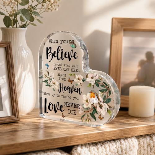 Smile Memorial Acrylic Tabletop Plaque, Heart Shaped Heaven Signs Love Never Dies Themed Decorative Sign with Magnolia Bird Butterfly Elements for Home Decor and Sympathy Gift - style: Memorial