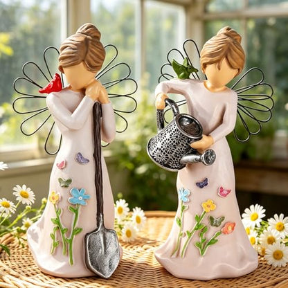 Gardening Gifts for Women - 2 Piece Unique Garden Angel Figurine | 5.9"with Watering & Shovel, Housewarming Gift for Mom Grandma Friend, Sculpted Resin Angel Statues & Friendship - style: Gardening