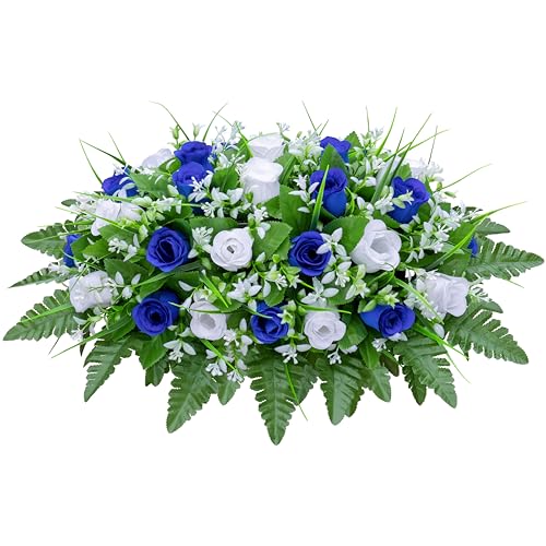 LVXINLI Artificial Cemetery Flowers Saddle-Shaped Tombstone Decorations Non-Fading UV-Resistant（Blue+White Saddle ） - color: Blue+white Saddle