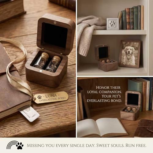 Pet Memorial Keepsake for Loss of Dog or Cat, Wooden Pet Ashes Box with 3 Glass Vials, Pet Remembrance Gift for Hair, Ashes, Teeth – Pet Loss Sympathy Gifts