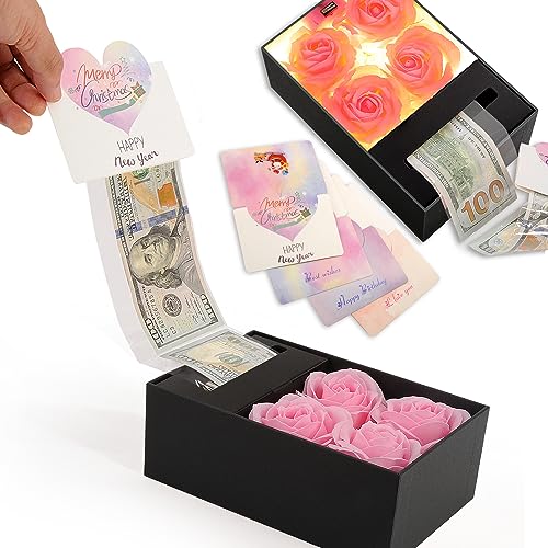 Money Box for Cash Gift Pull, Money Gift Boxes for Cash on Birthday, Christmas, Graduation, Mother's Day, for Husband, Wife, Girlfriend, Mother With Soap Rose Flower and Greeting Cards (Black+Pink) - color: Black+Pink